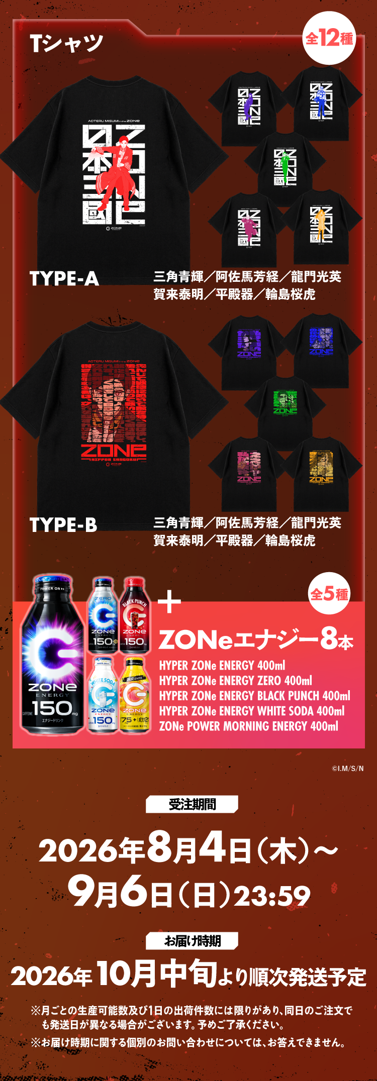 オリジナルTシャツ（全12種）＋ZONeエナジーのセット詳細。